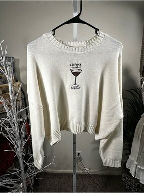 N234. Cream 'Espresso Martini' Embroidered Womens Cropped Sweater oversized